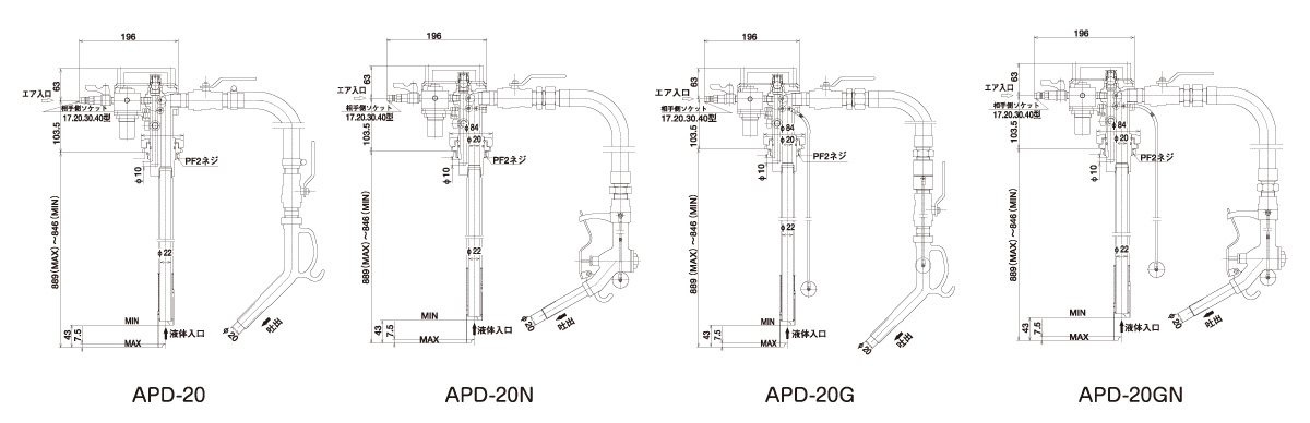 エアプレッシャーポンプ APDシリーズの図面 エアプレッシャーポンプ APDシリーズの図面