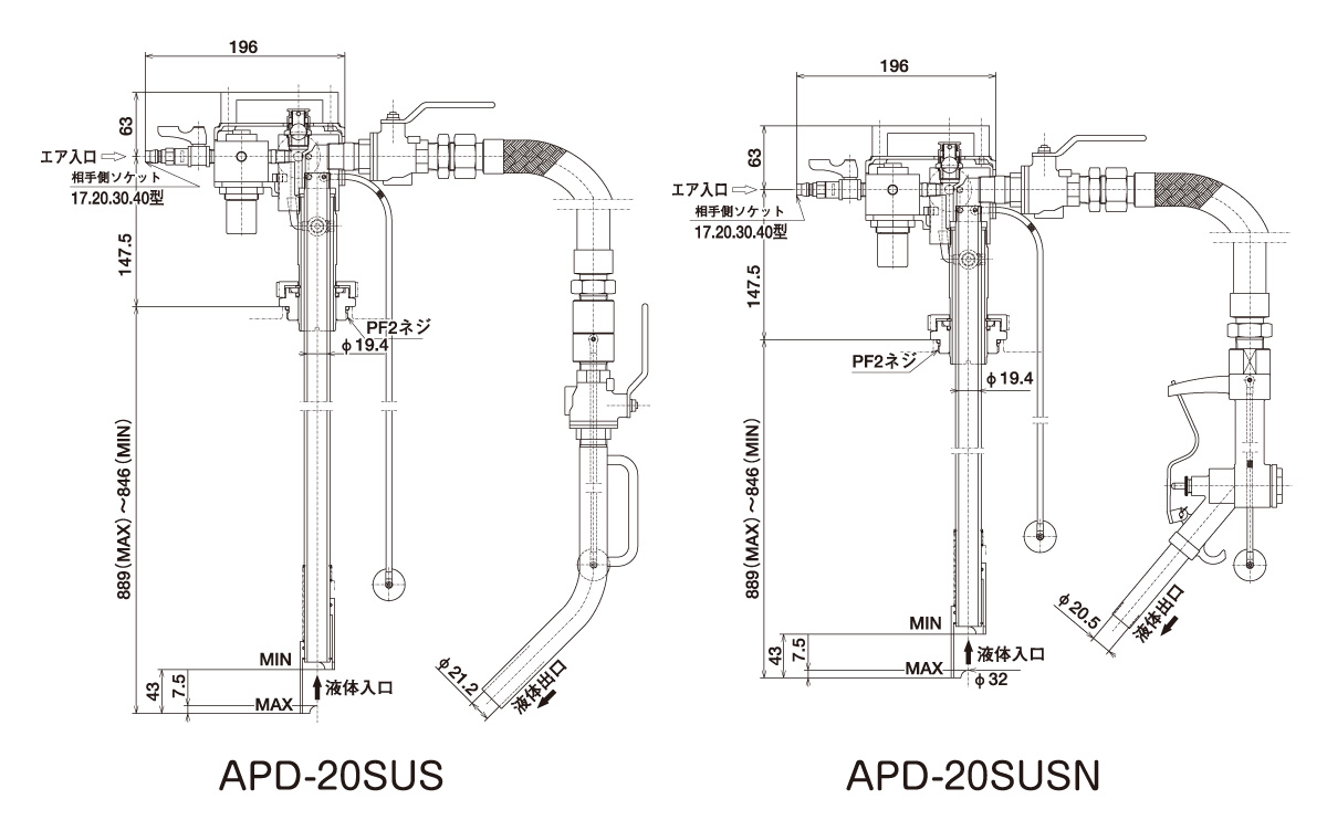 エアプレッシャーポンプ APDシリーズの図面 エアプレッシャーポンプ APDシリーズの図面